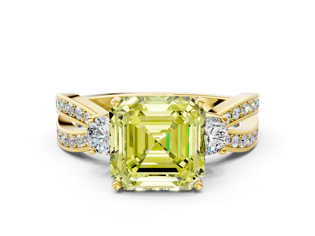 Yellow gold Three-Stone Fancy Yellow Asscher  Cut Diamond Twist Band with Prong Setting_17