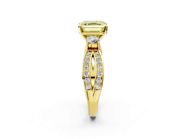 Yellow Gold Asscher Cut Three Stone Twist Engagement Ring Setting for Fancy Yellow Center