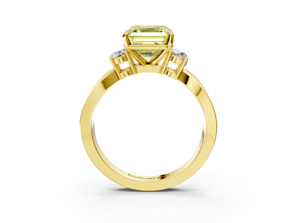 Yellow Gold Asscher Cut Three Stone Twist Engagement Ring Setting for Fancy Yellow Center