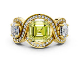 Yellow gold Three-Stone Fancy Yellow Asscher Cut Diamond Wave Pave Band with Prong Setting