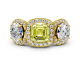 Yellow gold Three-Stone Fancy Yellow Asscher Cut Halo Diamond Milgrain Band with Four-Prong Setting
