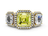 Yellow gold Three-Stone Fancy Yellow Asscher Cut Halo Diamond Ring with Pave Band and Four-Prong Setting