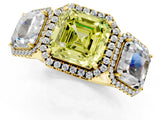 Yellow gold Three-Stone Fancy Yellow Asscher Cut Halo Diamond Ring with Pave Band and Four-Prong Setting_1