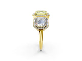Yellow gold Three-Stone Fancy Yellow Asscher Cut Halo Diamond Ring with Pave Band and Four-Prong Setting_2