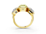 Yellow gold Three-Stone Fancy Yellow Asscher Cut Halo Diamond Ring with Pave Band and Four-Prong Setting_3