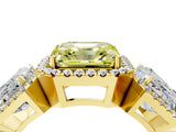 Yellow gold Three-Stone Fancy Yellow Asscher Cut Halo Diamond Ring with Pave Band and Four-Prong Setting_4