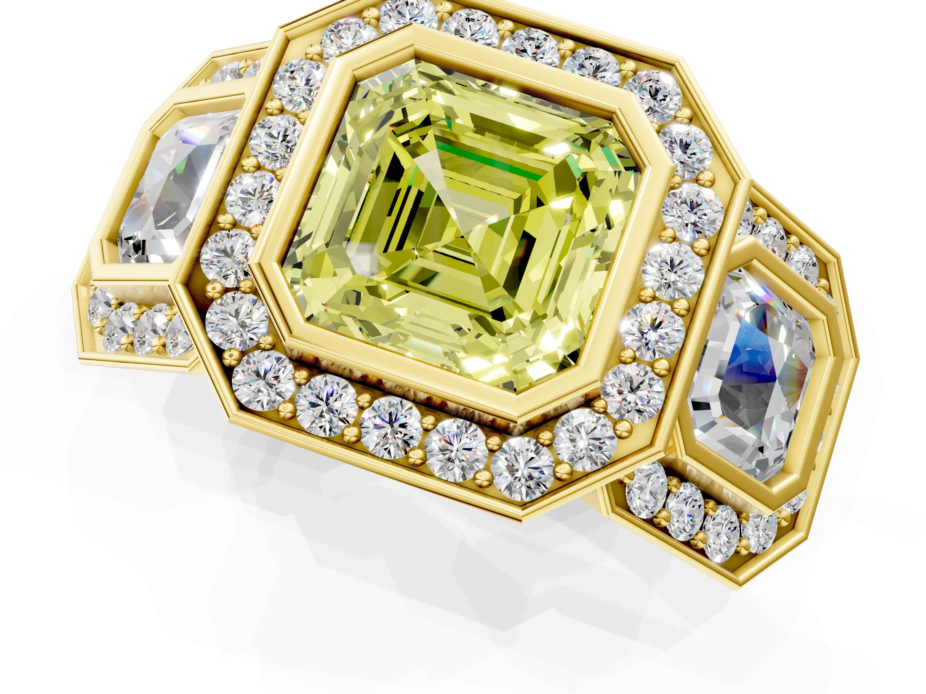 Yellow gold Three-Stone Fancy Yellow Asscher Cut Halo Pavé Diamond Ring_1