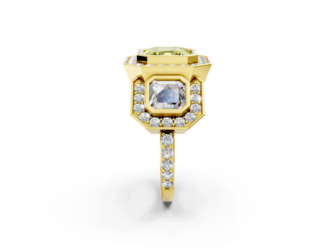 Yellow gold Three-Stone Fancy Yellow Asscher Cut Halo Pavé Diamond Ring_2