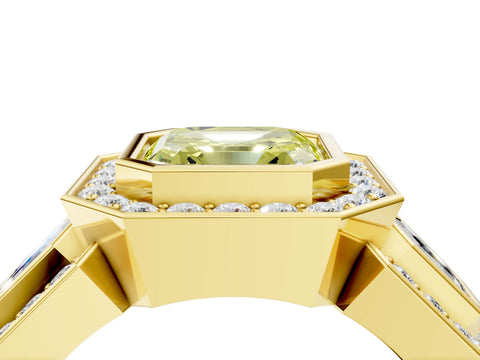 Yellow gold Three-Stone Fancy Yellow Asscher Cut Halo Pavé Diamond Ring_4
