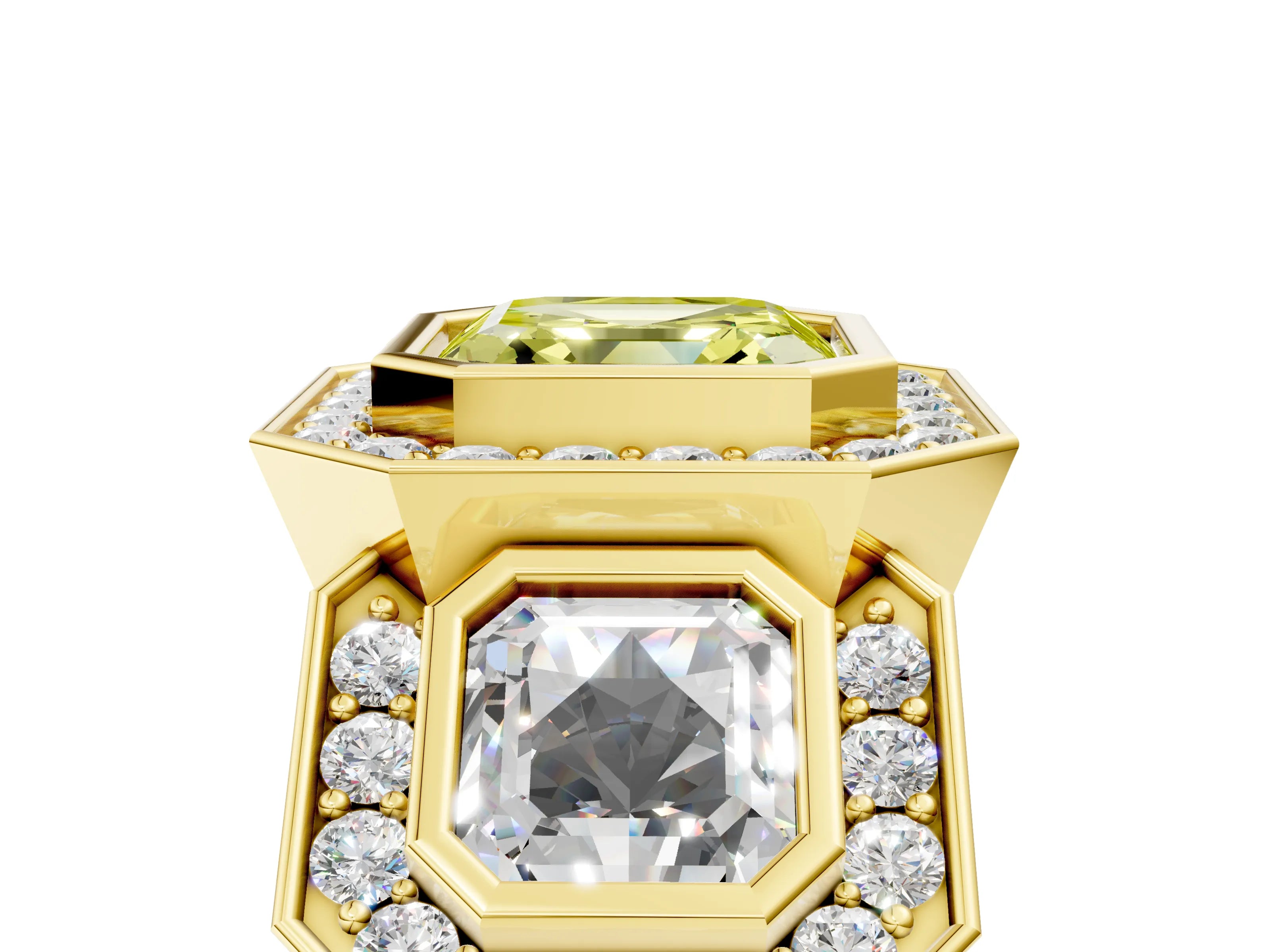 Yellow gold Three-Stone Fancy Yellow Asscher Cut Halo Pavé Diamond Ring_5