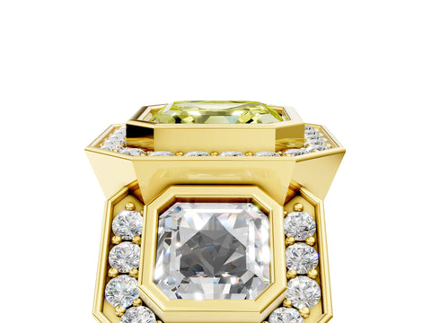 Yellow gold Three-Stone Fancy Yellow Asscher Cut Halo Pavé Diamond Ring_5