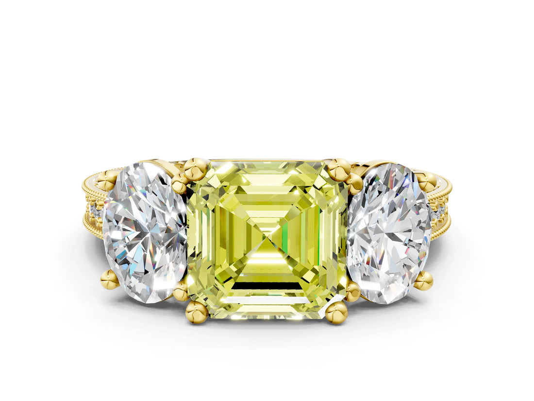 Yellow gold Three-Stone Fancy Yellow Asscher  Diamond Milgrain Pave Band with Prong Setting 1