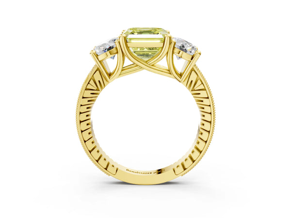 Yellow Gold Asscher Cut Three-Stone Engagement Ring Setting for Fancy Yellow Center with Pave Band