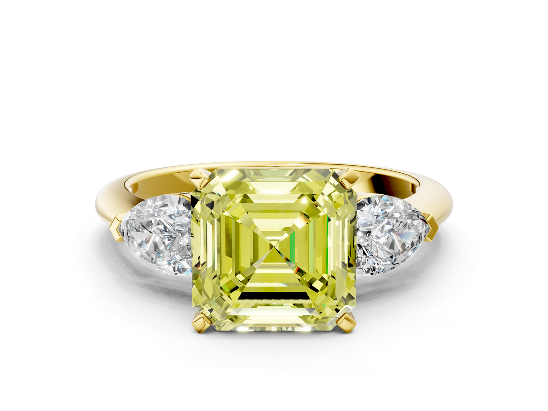 Yellow gold Three-Stone Fancy Yellow Asscher  Diamond Ring with Pear Side Stones in Four-Prong Setting_18