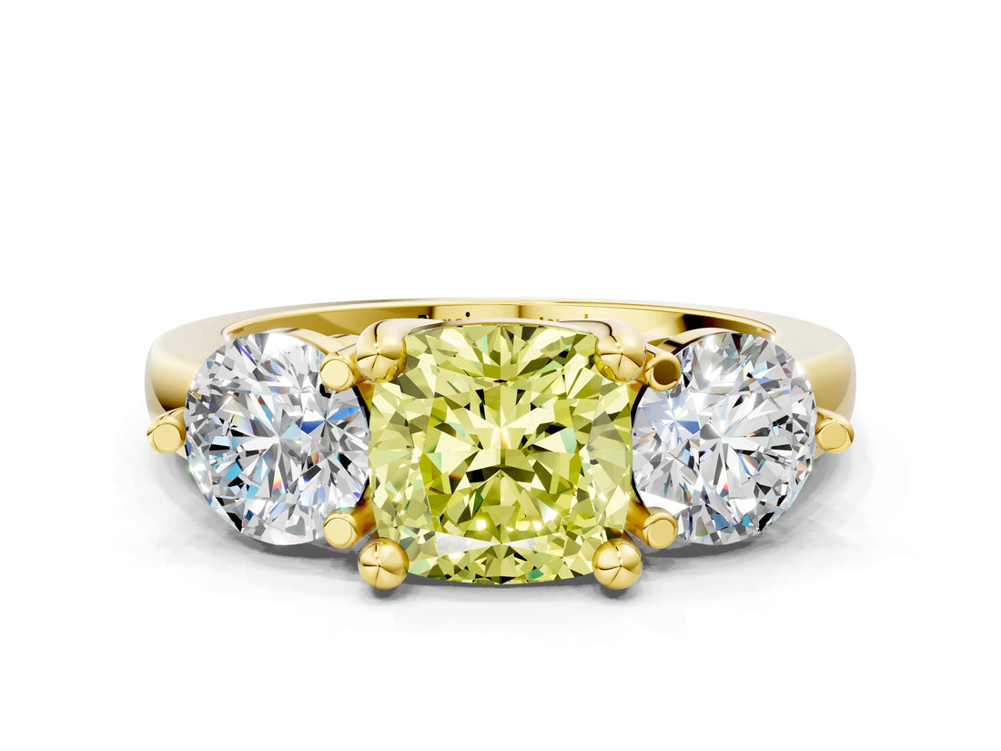 Yellow gold Three-Stone Fancy Yellow Cushion  Brilliant Cut Solitaire Ring with Prong Setting on a Classic Band 1