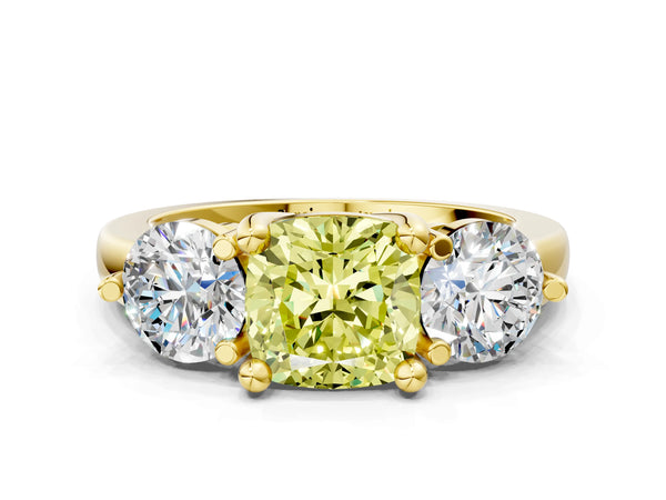Yellow gold Three-Stone Fancy Yellow Cushion  Brilliant Cut Solitaire Ring with Prong Setting on a Classic Band