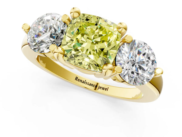 Yellow gold Three-Stone Fancy Yellow Cushion  Brilliant Cut Solitaire Ring with Prong Setting on a Classic Band