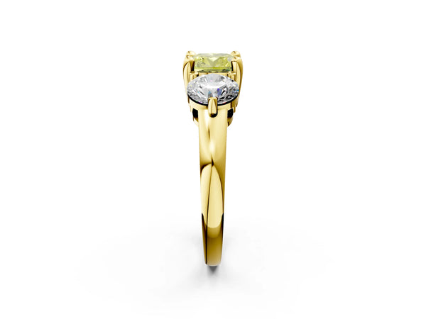 Yellow gold Three-Stone Fancy Yellow Cushion  Brilliant Cut Solitaire Ring with Prong Setting on a Classic Band