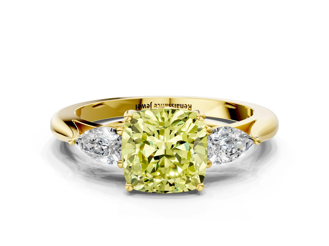 Yellow gold Three-Stone Fancy Yellow Cushion Cut Brilliant Diamond Solitaire Ring with Tapered Band and Four-Prong Setting_6