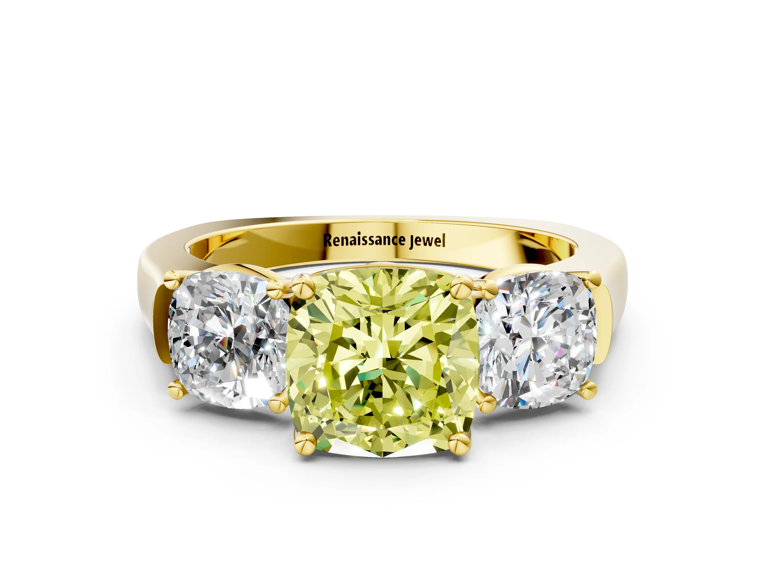 Yellow gold Three-Stone Fancy Yellow Cushion Cut Brilliant Diamond Trellis Ring with Comfort Fit Band