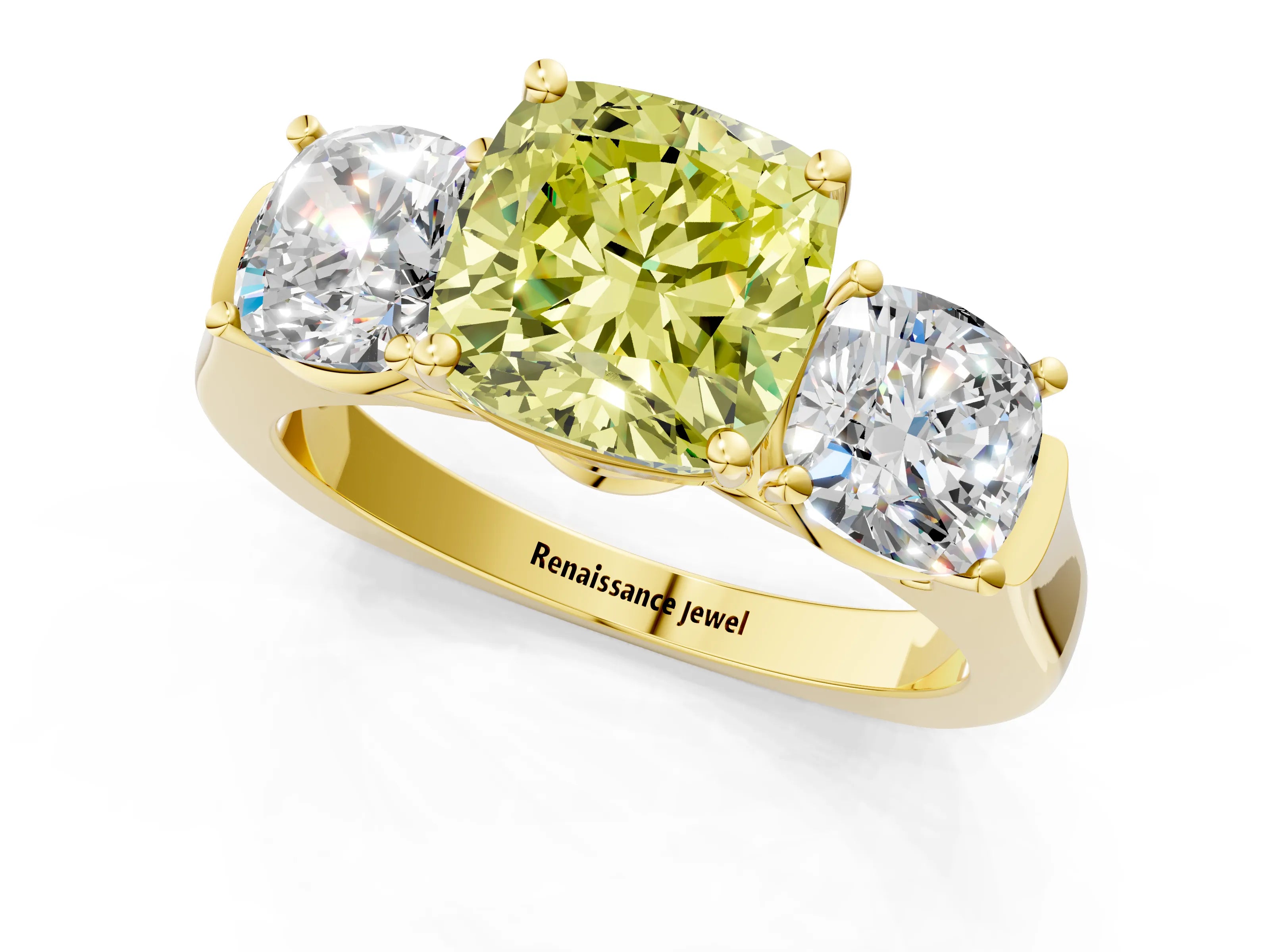Yellow gold Three-Stone Fancy Yellow Cushion Cut Brilliant Diamond Trellis Ring with Comfort Fit Band_1