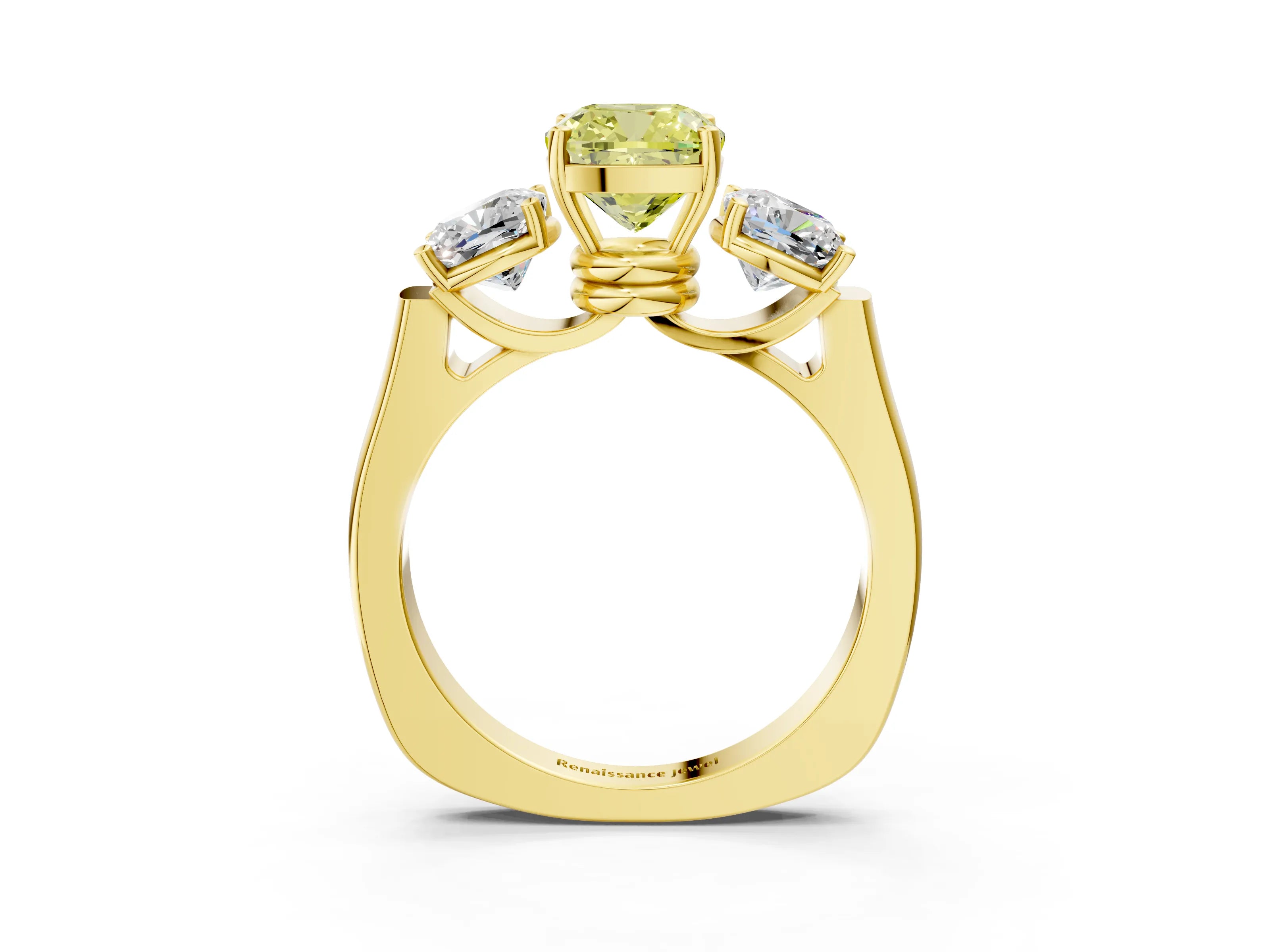 Yellow gold Three-Stone Fancy Yellow Cushion Cut Brilliant Diamond Trellis Ring with Comfort Fit Band_3