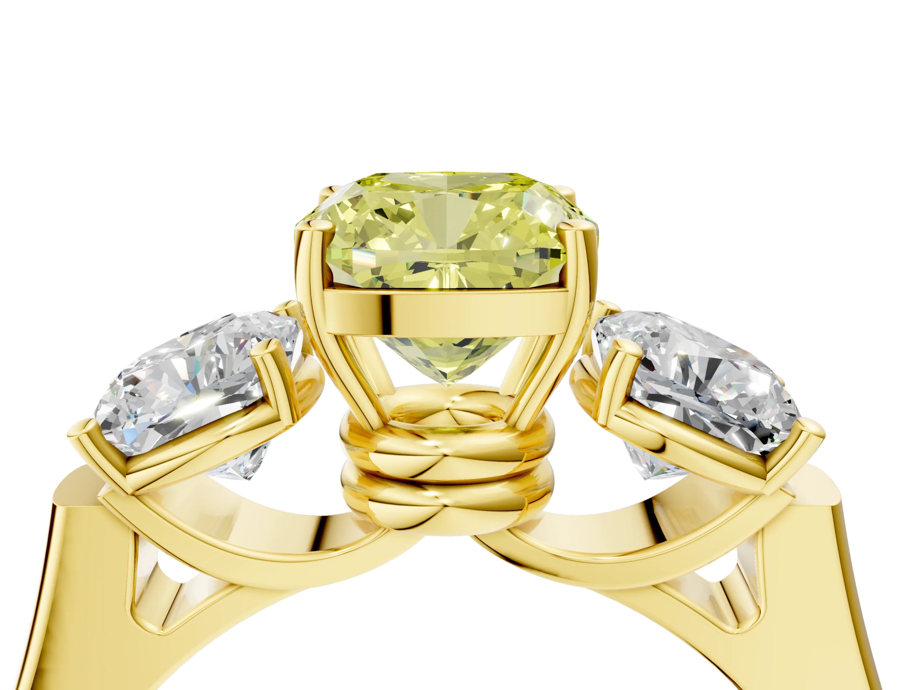 Yellow gold Three-Stone Fancy Yellow Cushion Cut Brilliant Diamond Trellis Ring with Comfort Fit Band_4