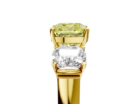 Yellow gold Three-Stone Fancy Yellow Cushion Cut Brilliant Diamond Trellis Ring with Comfort Fit Band_5
