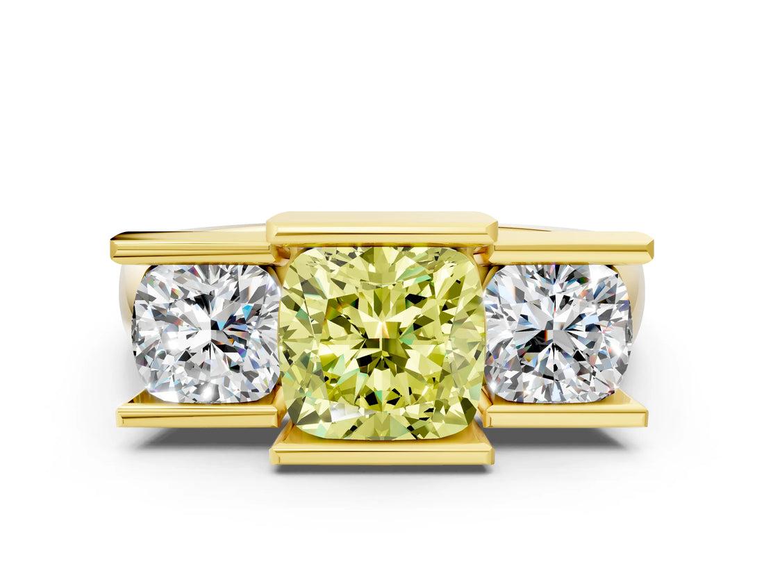 Yellow gold Three Stone Fancy Yellow Cushion Cut Cut Channel Set Diamond Ring