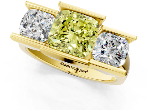 Yellow gold Three Stone Fancy Yellow Cushion Cut Cut Channel Set Diamond Ring_1