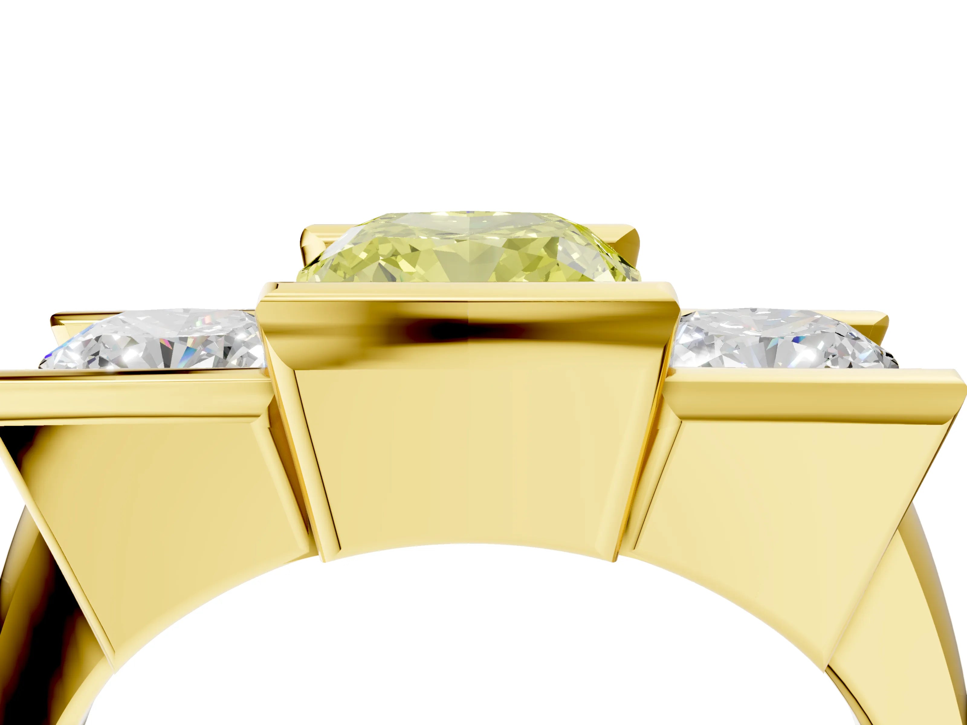 Yellow gold Three Stone Fancy Yellow Cushion Cut Cut Channel Set Diamond Ring_4
