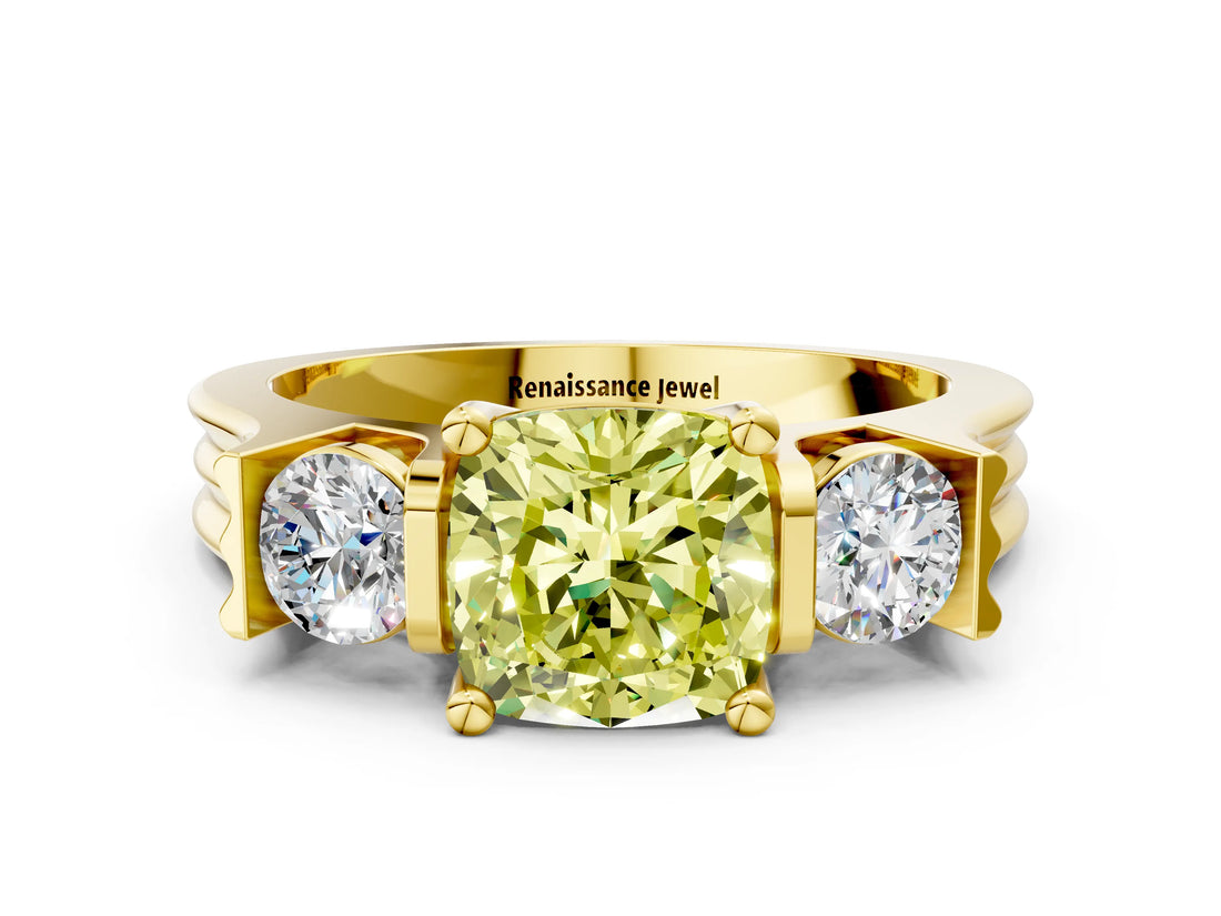 Yellow gold Three-Stone Fancy Yellow Cushion Cut Cut Classic Band Prong Setting Ring