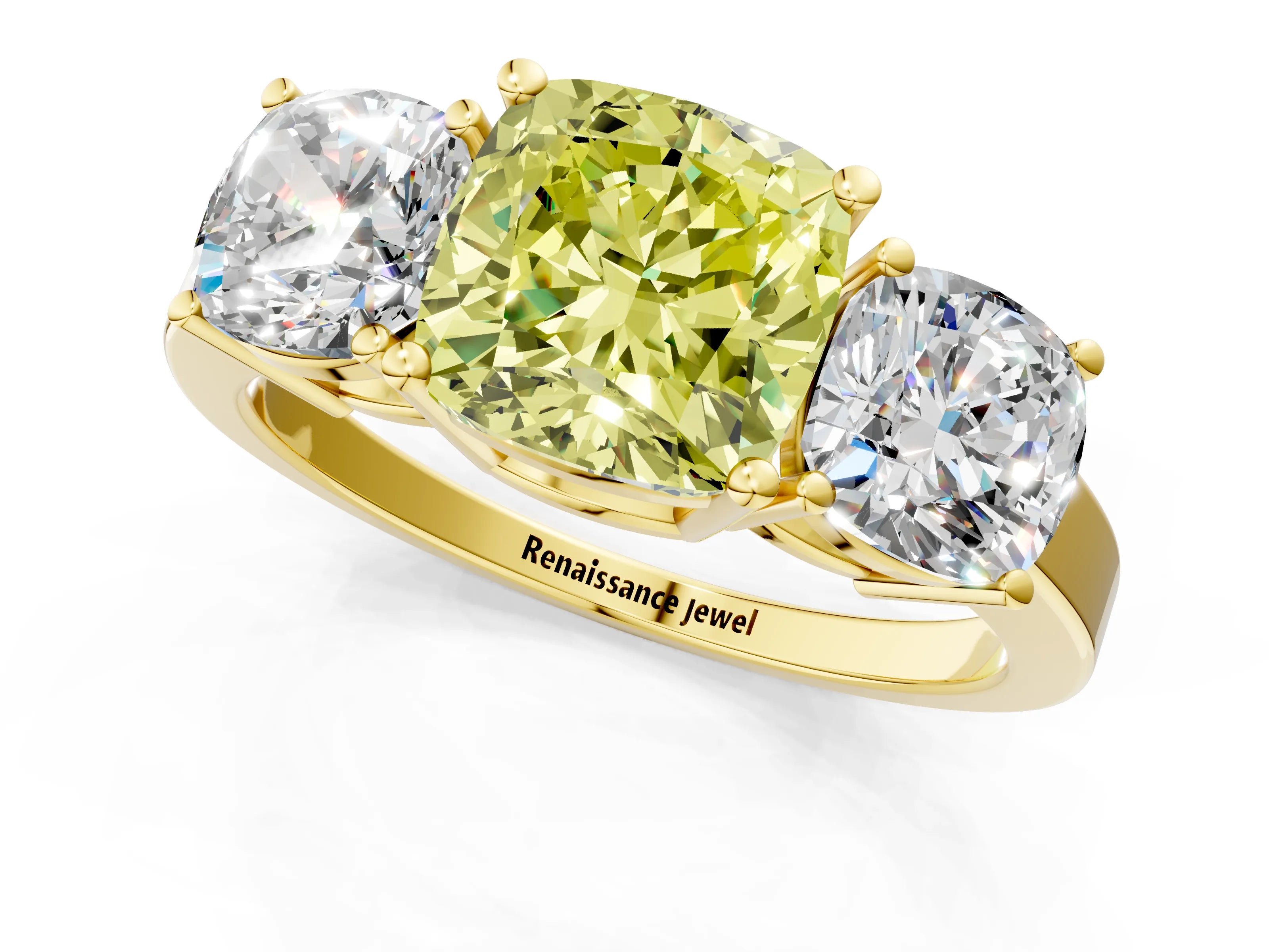 Yellow gold Three-Stone Fancy Yellow Cushion Cut Cut Diamond Engagement Ring with Flat Band and Four-Prong Setting_1