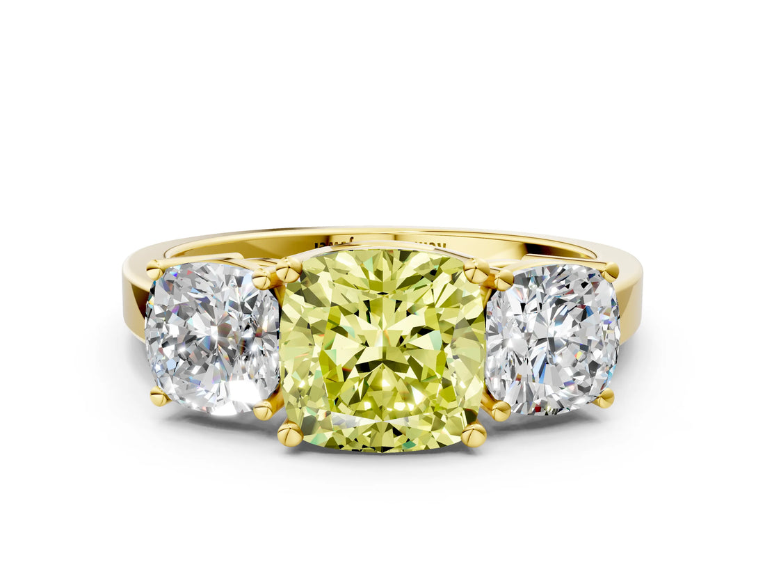 Yellow gold Three-Stone Fancy Yellow Cushion Cut Cut Diamond Engagement Ring with Flat Band and Four-Prong Setting_12