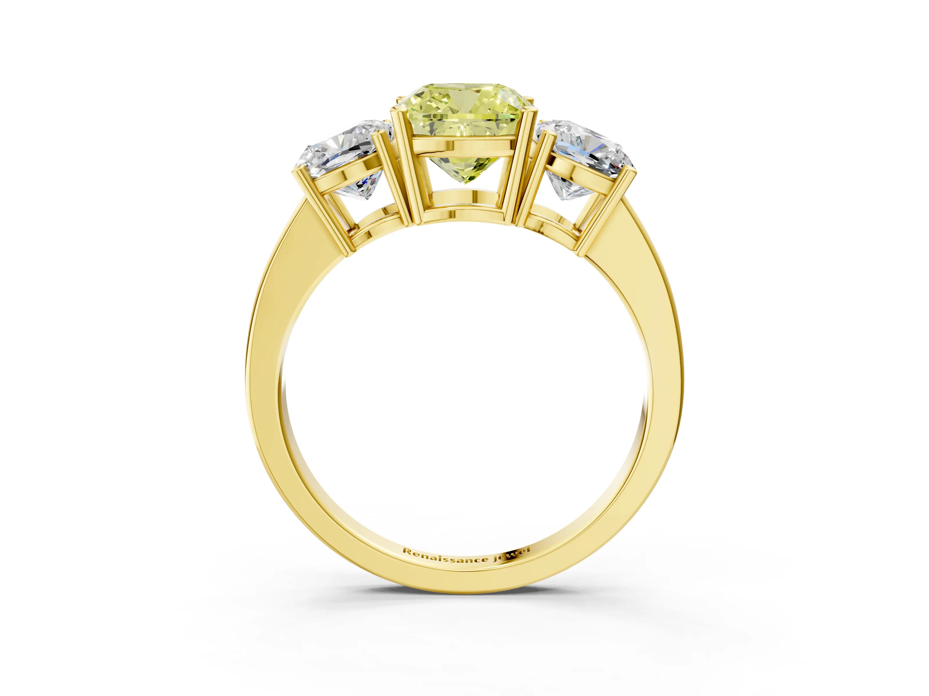 Yellow gold Three-Stone Fancy Yellow Cushion Cut Cut Diamond Engagement Ring with Flat Band and Four-Prong Setting_15
