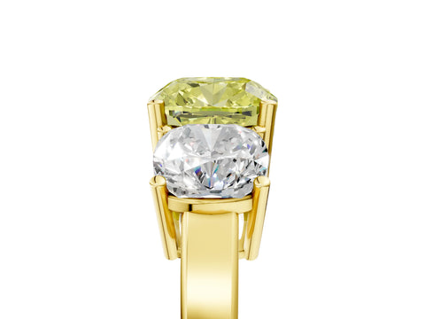 Yellow gold Three-Stone Fancy Yellow Cushion Cut Cut Diamond Engagement Ring with Flat Band and Four-Prong Setting_17