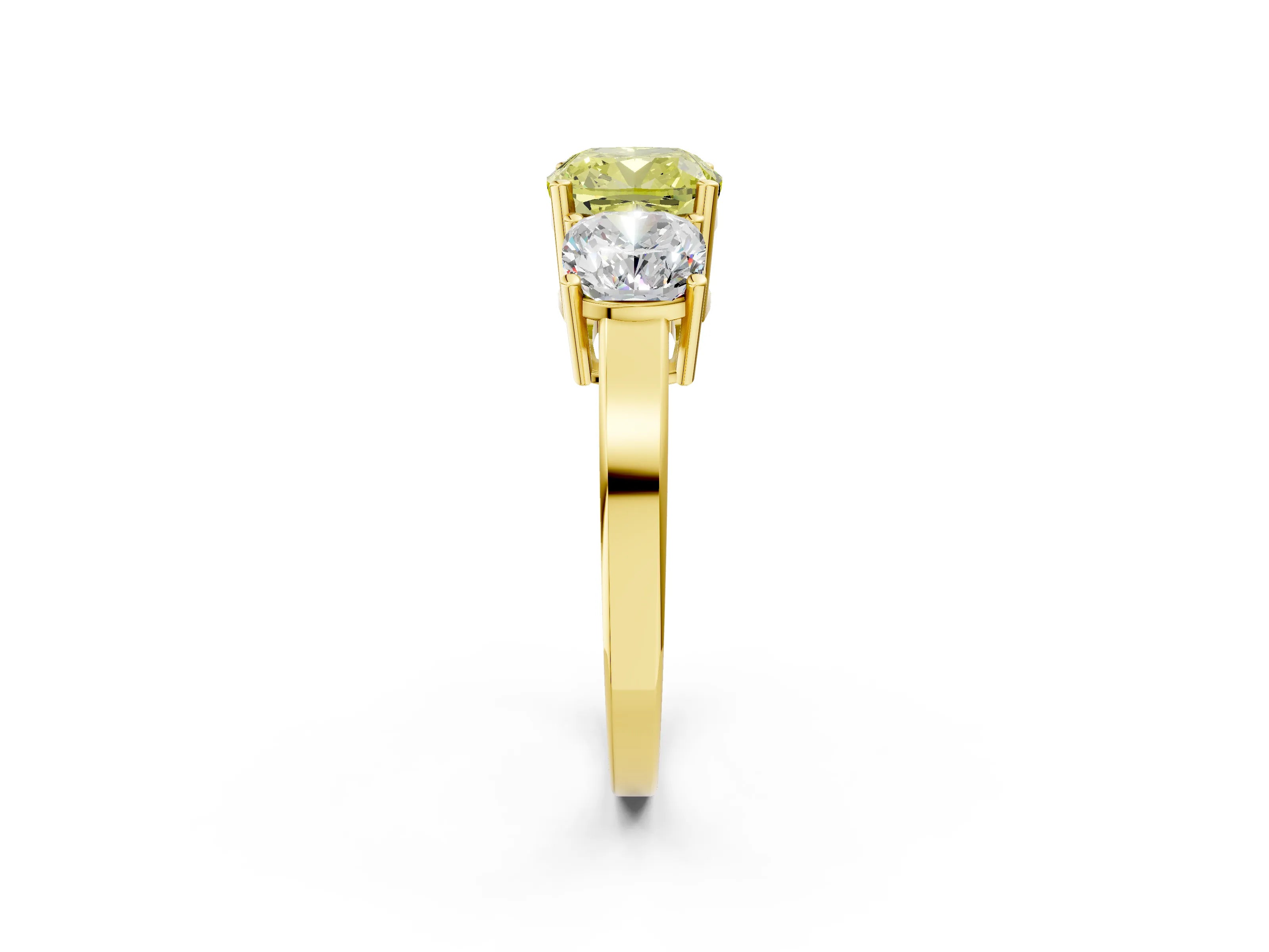Yellow gold Three-Stone Fancy Yellow Cushion Cut Cut Diamond Engagement Ring with Flat Band and Four-Prong Setting_2