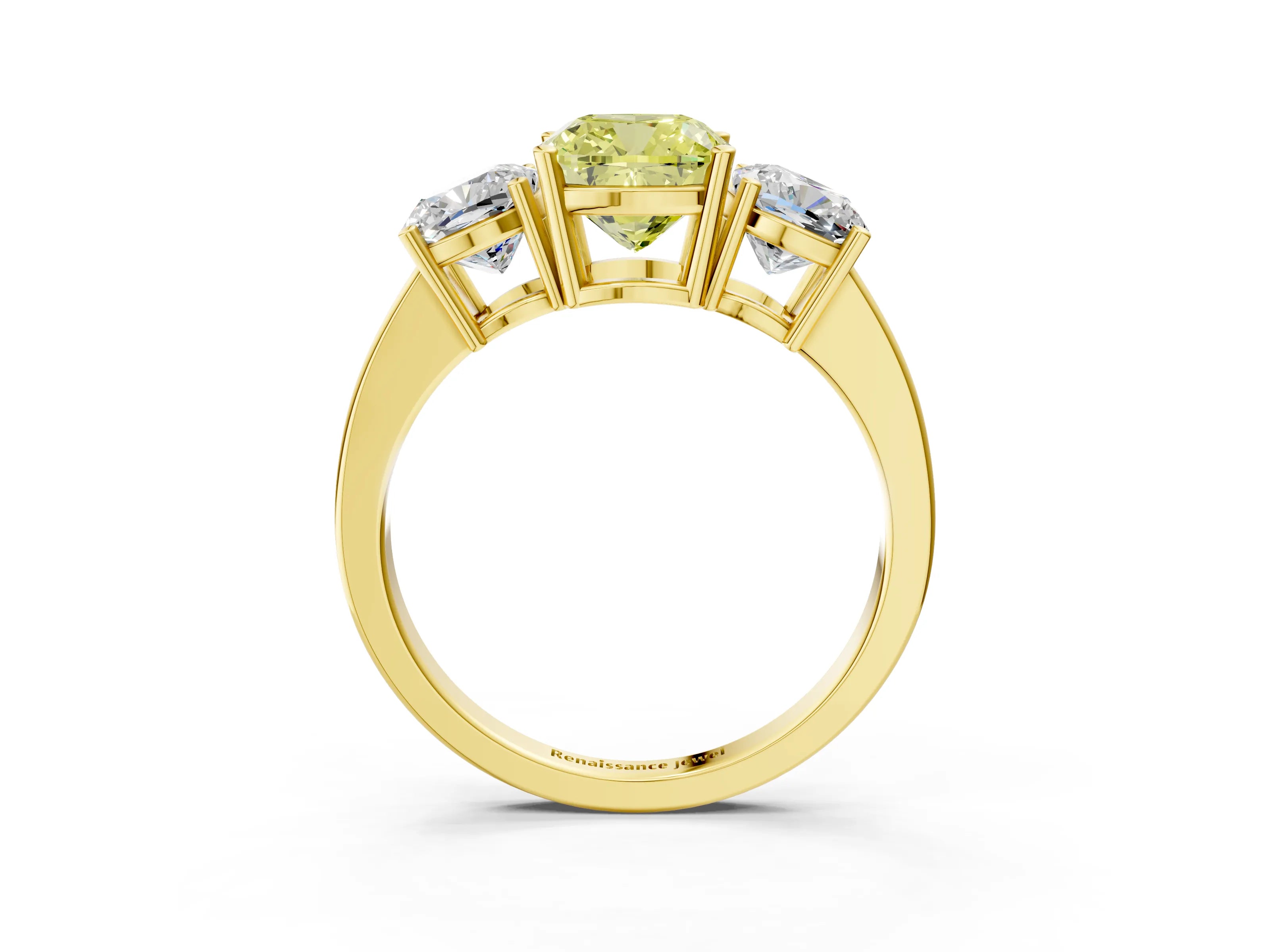 Yellow gold Three-Stone Fancy Yellow Cushion Cut Cut Diamond Engagement Ring with Flat Band and Four-Prong Setting_3