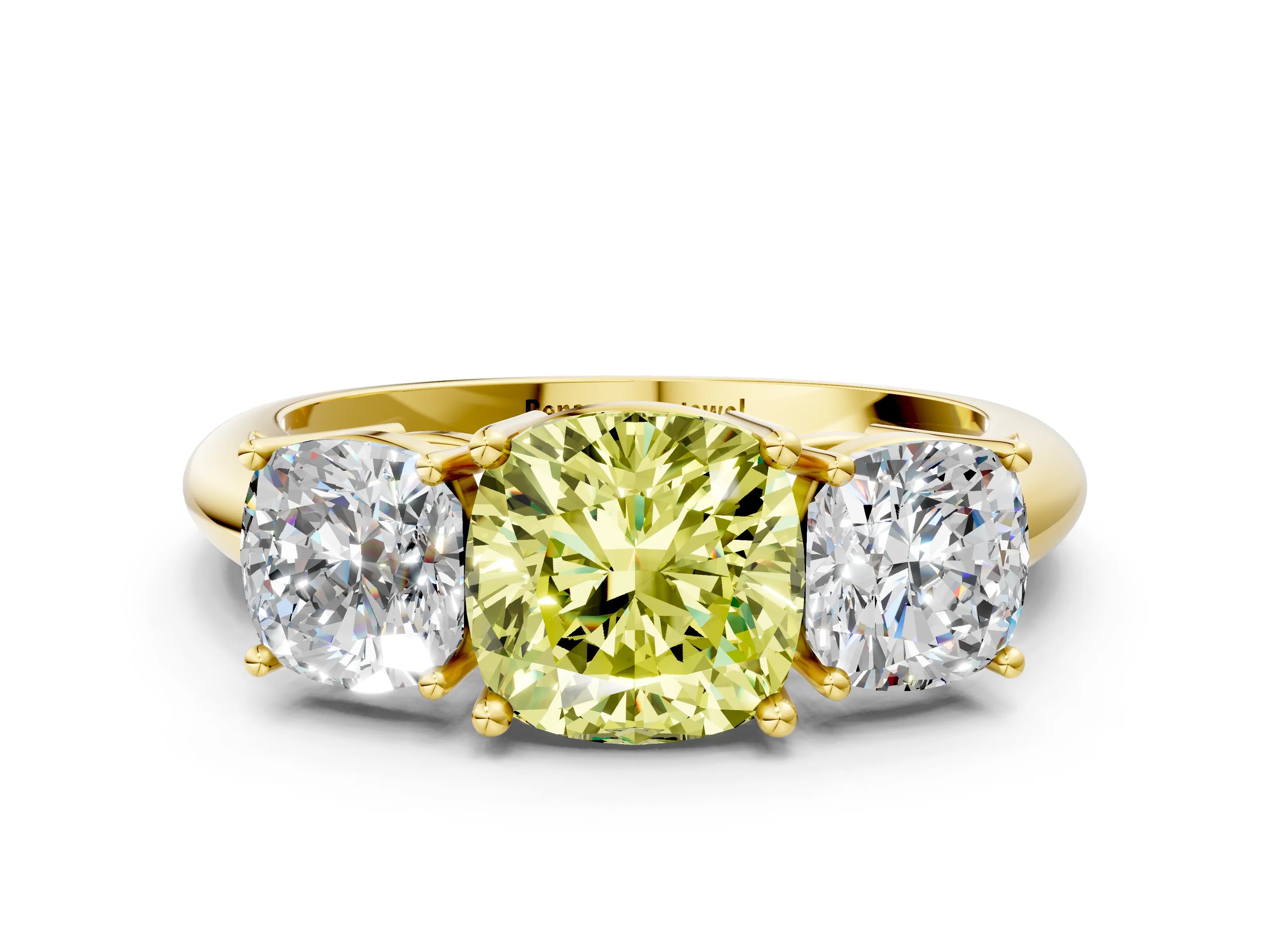 Yellow gold Three-Stone Fancy Yellow Cushion Cut Cut Diamond Engagement Ring with Prong Setting on a White Gold Band