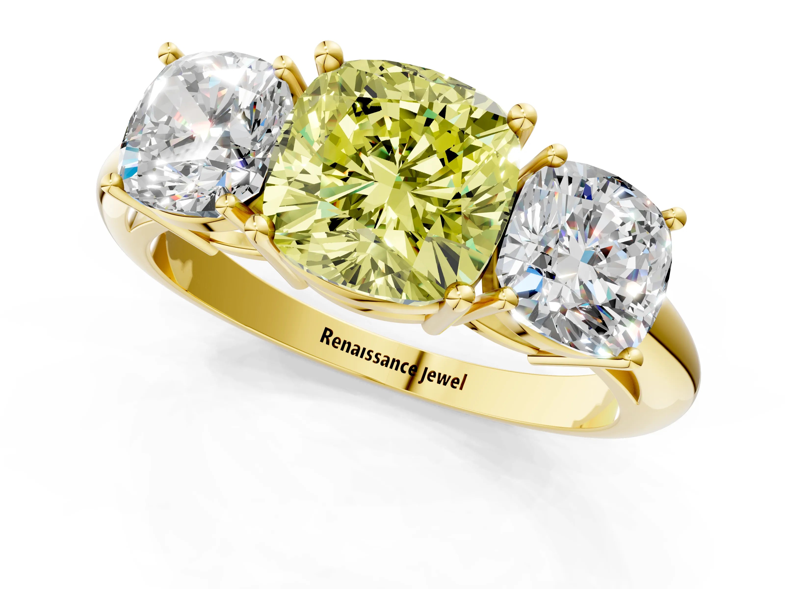 Yellow gold Three-Stone Fancy Yellow Cushion Cut Cut Diamond Engagement Ring with Prong Setting on a White Gold Band_1