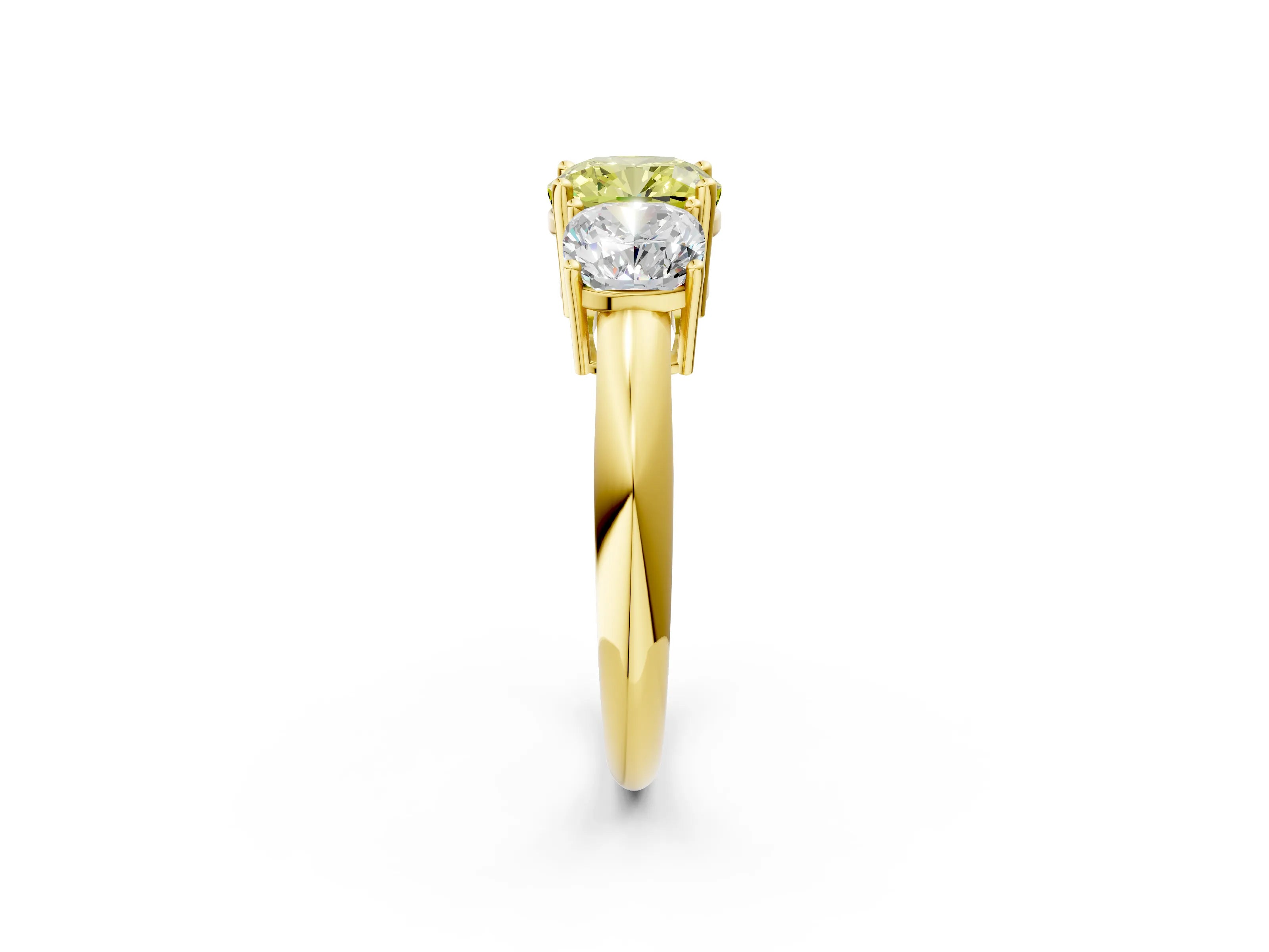 Yellow gold Three-Stone Fancy Yellow Cushion Cut Cut Diamond Engagement Ring with Prong Setting on a White Gold Band_2