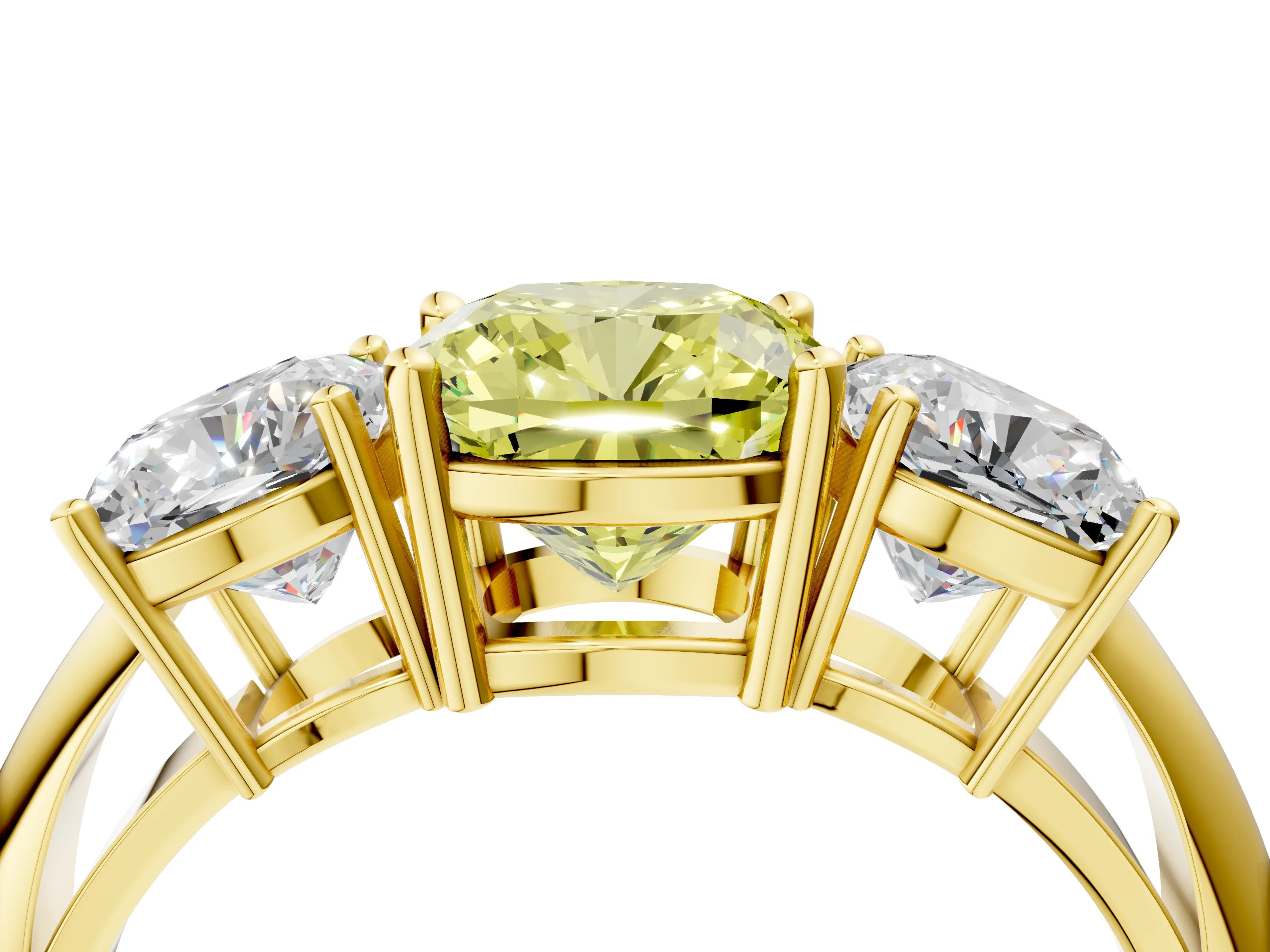 Yellow gold Three-Stone Fancy Yellow Cushion Cut Cut Diamond Engagement Ring with Prong Setting on a White Gold Band_4