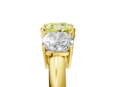 Yellow gold Three-Stone Fancy Yellow Cushion Cut Cut Diamond Engagement Ring with Prong Setting on a White Gold Band_5