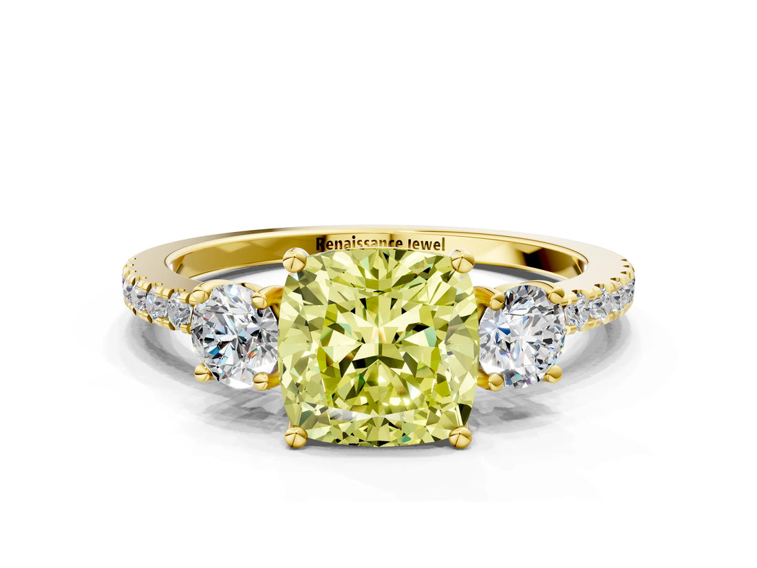 Yellow gold Three-Stone Fancy Yellow Cushion Cut Cut Diamond Pavé Band with Prong Setting_15