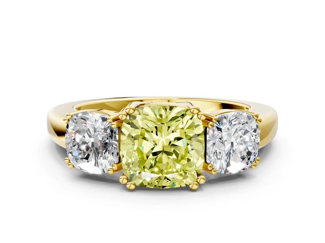 Yellow gold Three-Stone Fancy Yellow Cushion Cut Cut Diamond Ring with Channel Set Band and Four-Prong Setting_24