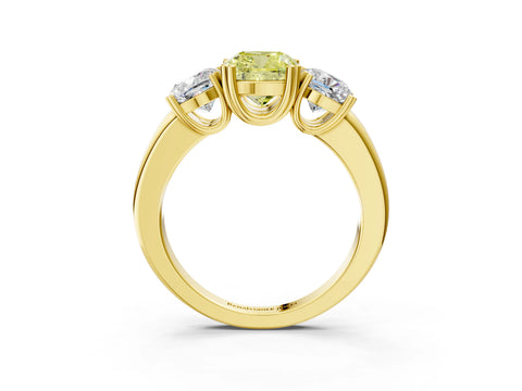 Yellow gold Three-Stone Fancy Yellow Cushion Cut Cut Diamond Ring with Channel Set Band and Four-Prong Setting_3