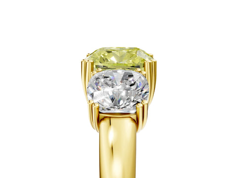 Yellow gold Three-Stone Fancy Yellow Cushion Cut Cut Diamond Ring with Channel Set Band and Four-Prong Setting_5