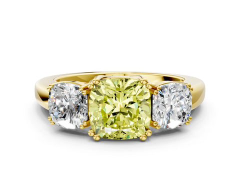 Yellow gold Three-Stone Fancy Yellow Cushion Cut Cut Diamond Ring with Channel Set Band and Four-Prong Setting