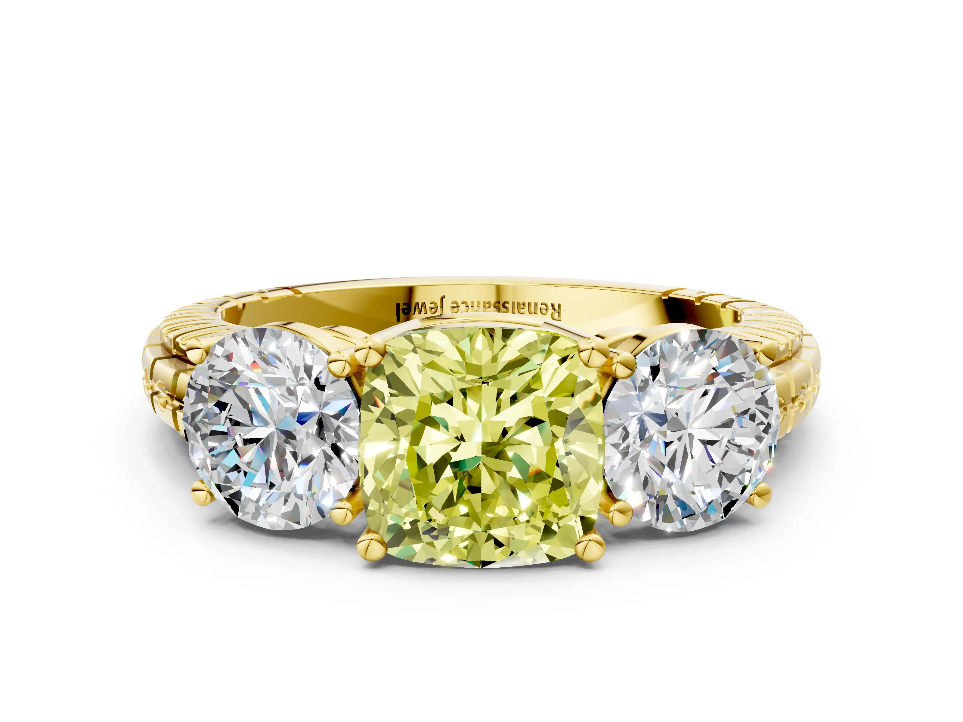 Yellow gold Three-Stone Fancy Yellow Cushion Cut Cut Diamond Ring with Channel-Set Band and Prong Setting