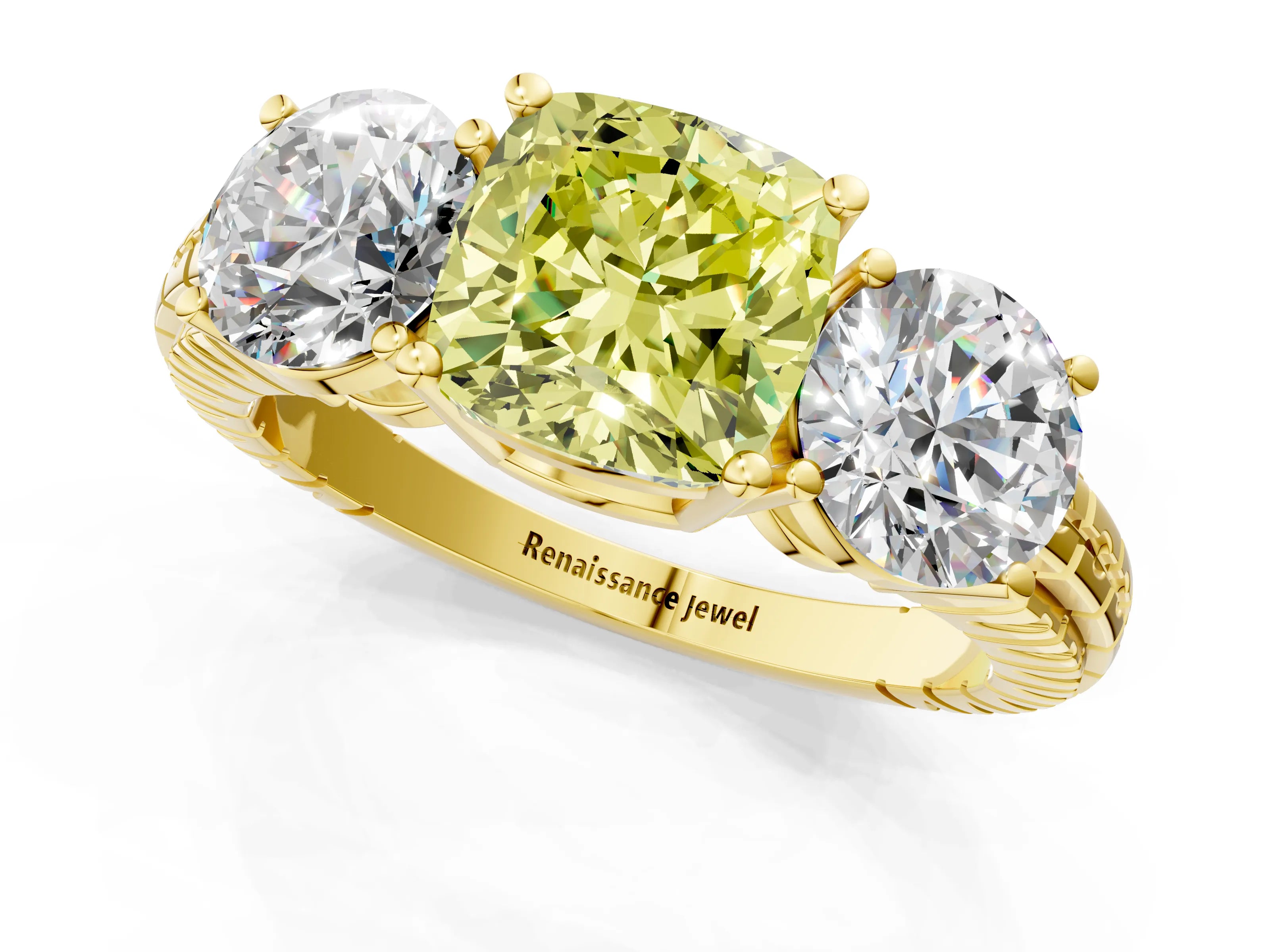 Yellow gold Three-Stone Fancy Yellow Cushion Cut Cut Diamond Ring with Channel-Set Band and Prong Setting_1